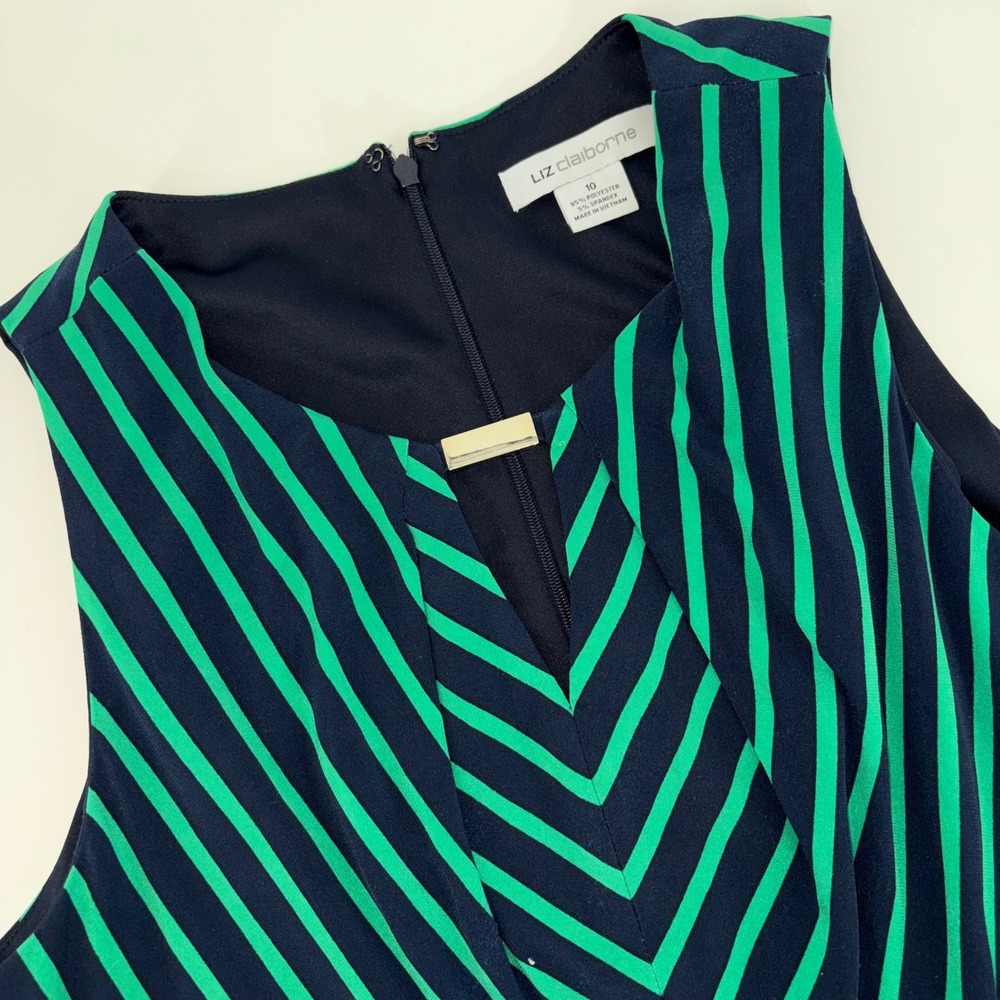 Liz Claiborne Navy Green Striped Sleeveless A-Line Dress Gold Bar Detail Size 10